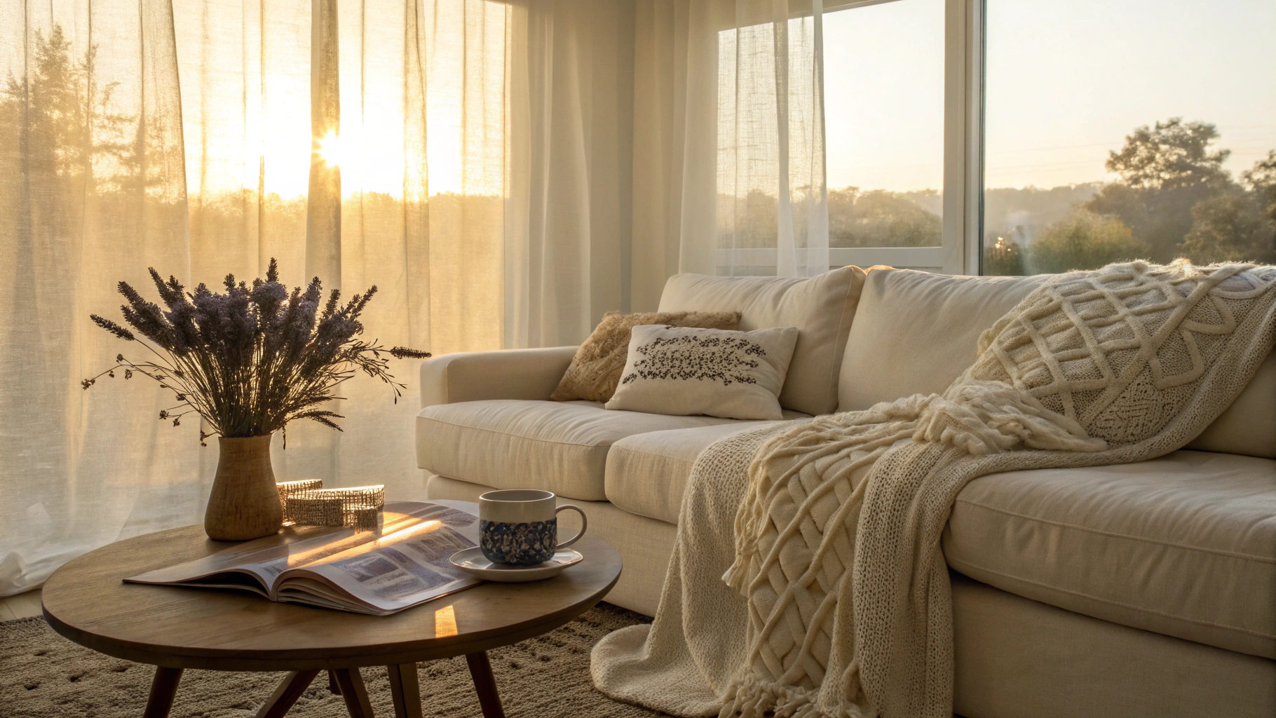 A sunlit reading nook with soft cushions and books
