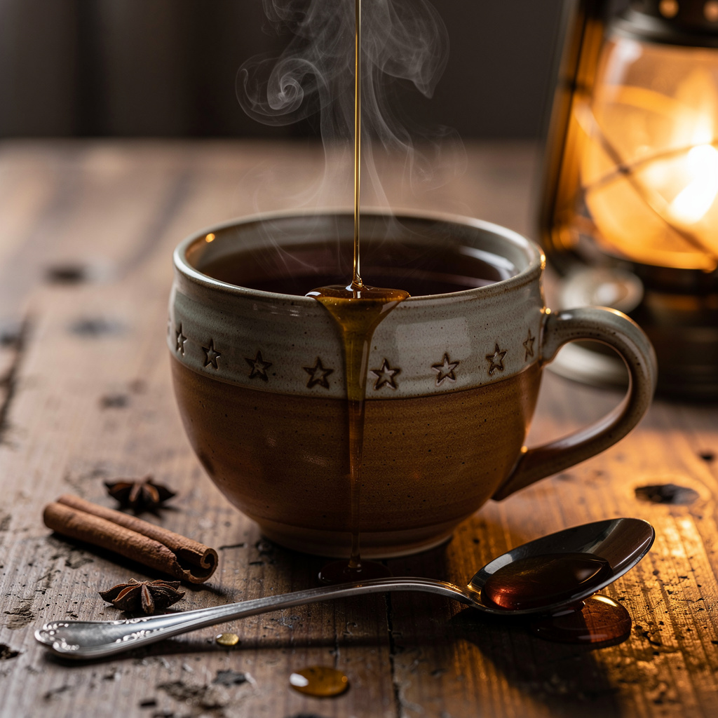 A warm cup of tea on a wooden table