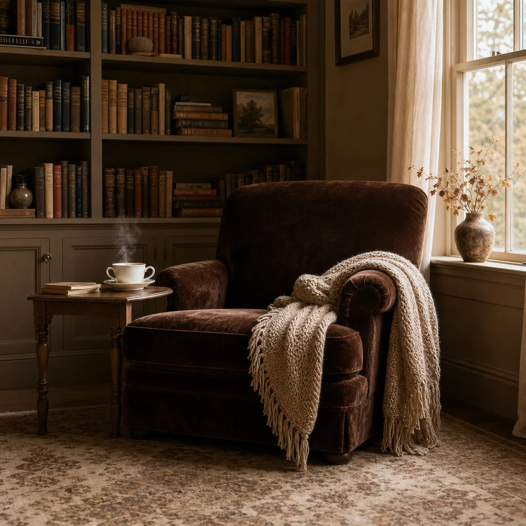 A stack of favorite books on a cozy reading chair