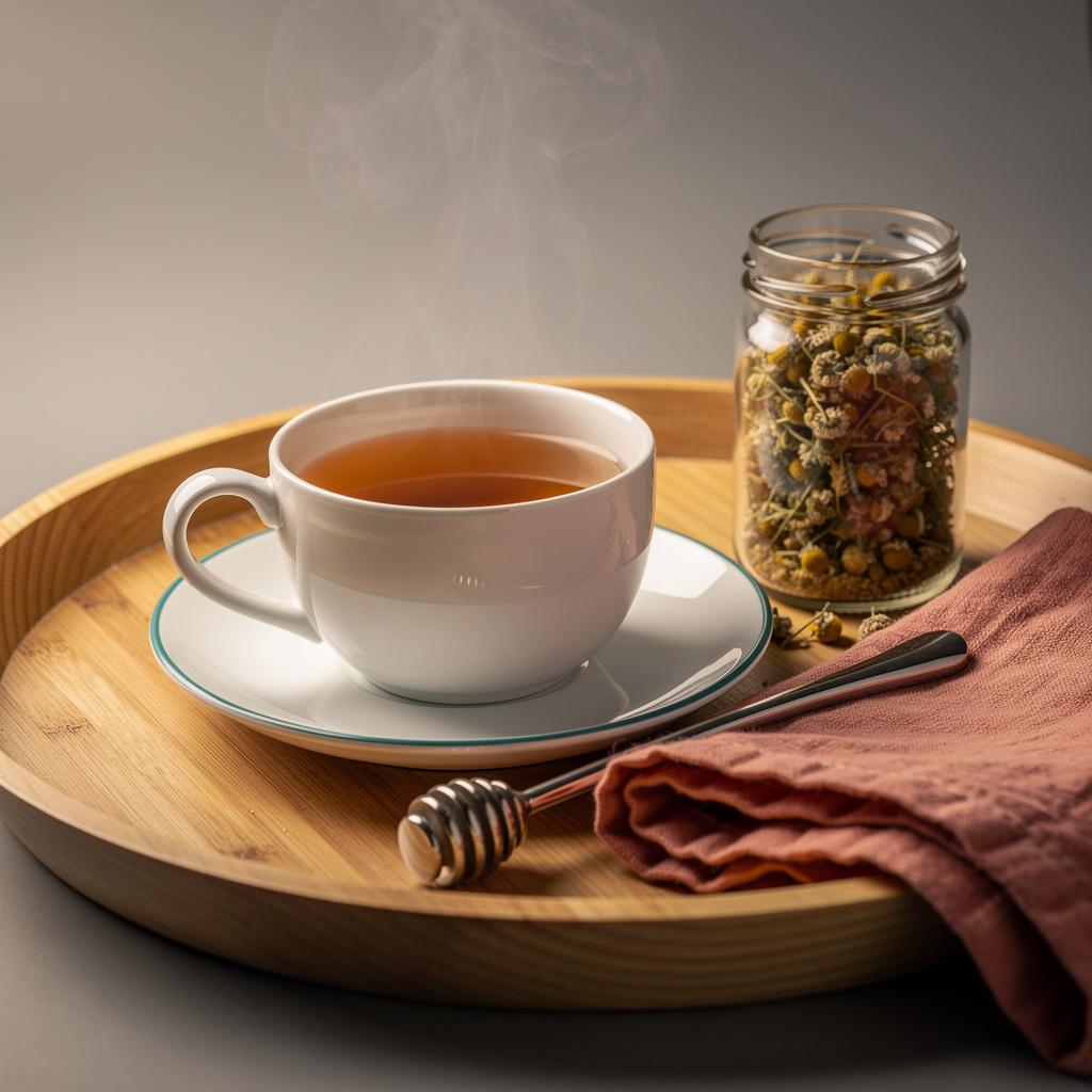 A warm cup of herbal tea with a honey dipper