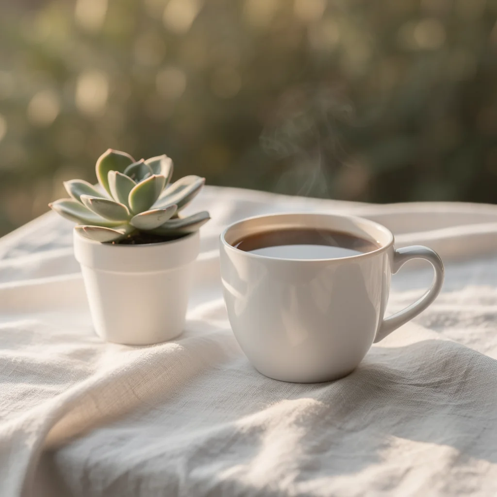 A steaming cup of coffee on a wooden desk next to a handwritten journal