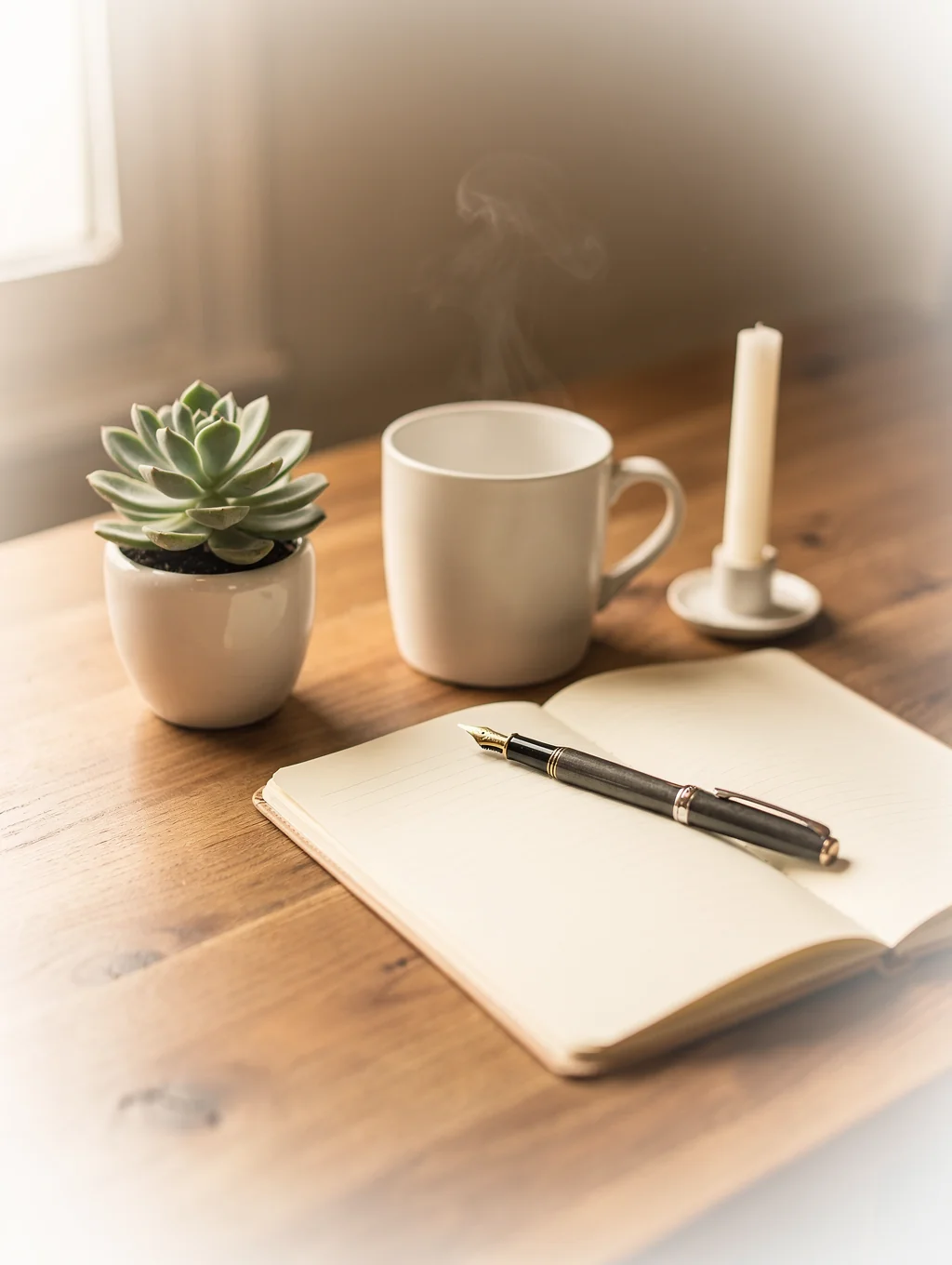 A quiet desk with a journal and a warm cup of tea, reflecting a thoughtful atmosphere