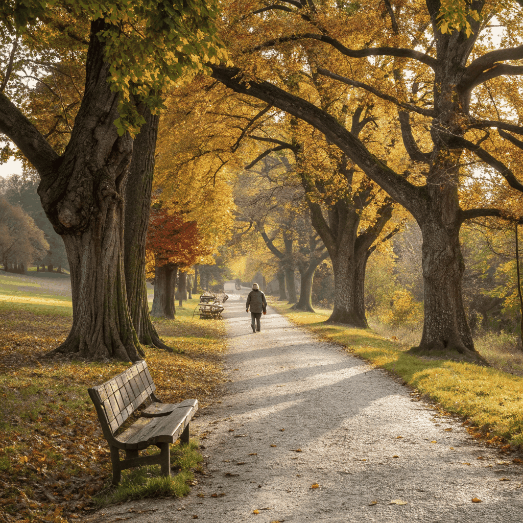 A golden sunset over a quiet park path