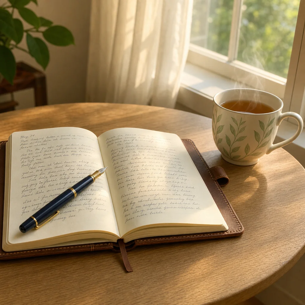 A cozy journal and coffee setup representing personal thoughts