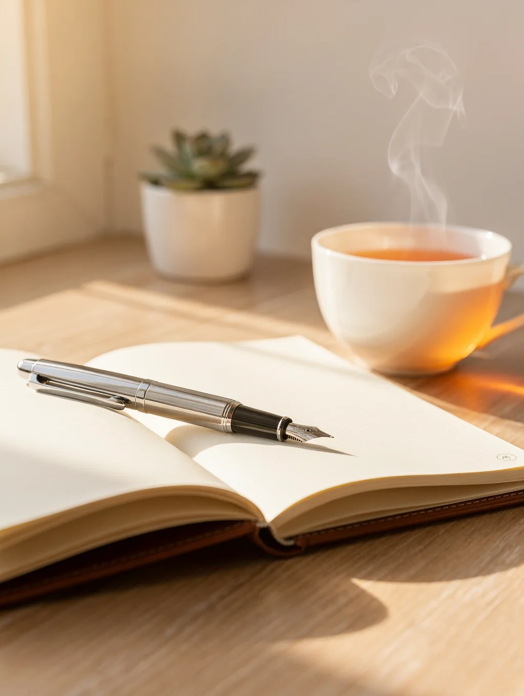 A cozy desk setup with a personal journal and a warm cup of tea