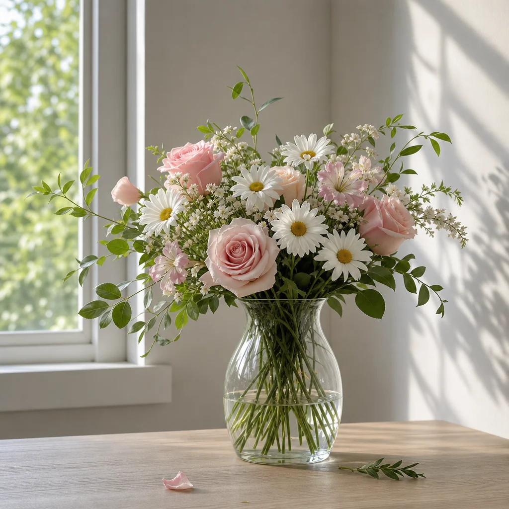 A single wilted flower in a vase
